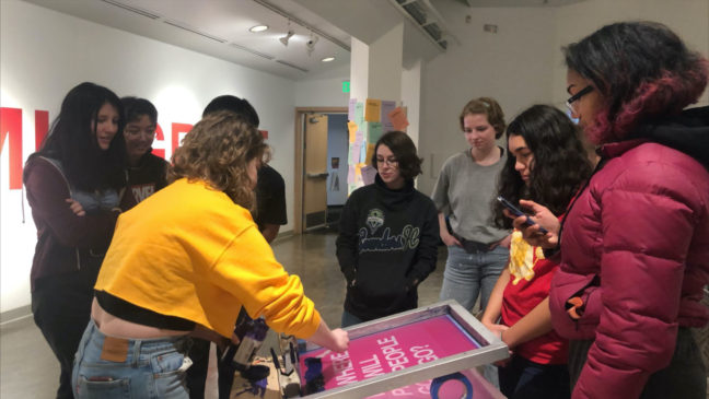 <p>Members of the 2019-20 Henry Teen Art Collective visiting&nbsp;<em>Sanctuary Print Shop</em> at Vachon Gallery, Seattle University.</p>
