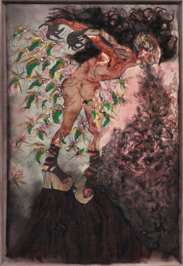<p>Wangechi Mutu,&nbsp;<i>All the way up, all the way out</i>, 2012.&nbsp;Collage on linoleum. Collection of John and Shari Behnke. Photo: Robert Wedemeyer, courtesy of the artist and Vielmetter Los Angeles.
  </p>
