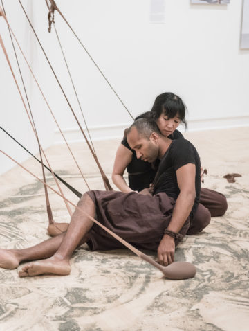 <p>Performance with one of Senga Nengudi’s <i>R.S.V.P. </i>sculptures, Henry Art Gallery, Seattle, 2016.  Collaborators: Joseph “jo” Blake, Haruko Crow Nishimura (dancers), and Lori Goldston (cello).  Photo: Robert Wade, courtesy of the Henry.</p>
