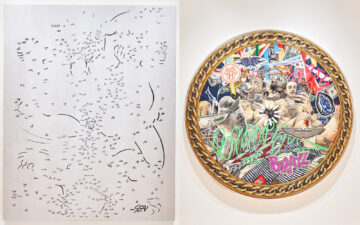 <p>Left to right: Dean Sameshima,&nbsp;<em>Torso (Black on Silver)</em>, 2006. Acrylic and screen print on canvas. Henry Art Gallery, Gift of David Hoberman, Los Angeles, 2014.287. Photo: Jonathan Vanderweit. Anthony White,&nbsp;<em>BOYZ OF THE WILD</em>, 2020. PLA on panel. On loan from Seth Grizzle. Photo: Jonathan Vanderweit.</p>
