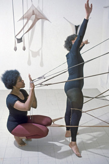 <p>Senga Nengudi’s nylon <em>R.S.V.P.&nbsp;</em><i>&nbsp;s</i>culptures activated by Nengudi and Maren Hassinger in <em>Performance Piece</em> at&nbsp;&nbsp;the Pearl C. Wood Gallery, Los Angeles, 1977. Image courtesy of the artist and Museum of Contemporary Art, Denver. Photo: Harmon Outlaw, Pearl C. Wood Gallery, Los Angeles.&nbsp;<br></p>
