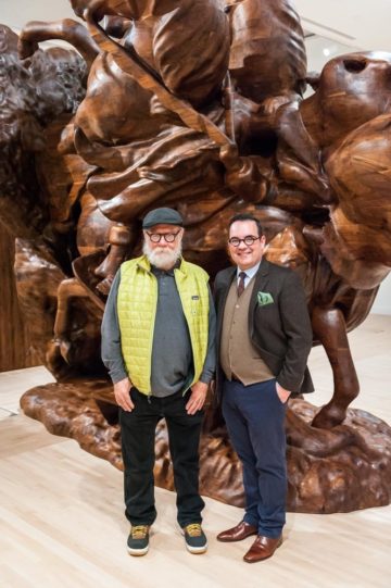 <p>Artist Paul McCarthy and Deputy Director of Exhibitions, Collections, and Program Luis Croquer at the opening of "Paul McCarthy: White Snow, Wood Sculptures." Photo credit: Robert Wade.</p>
